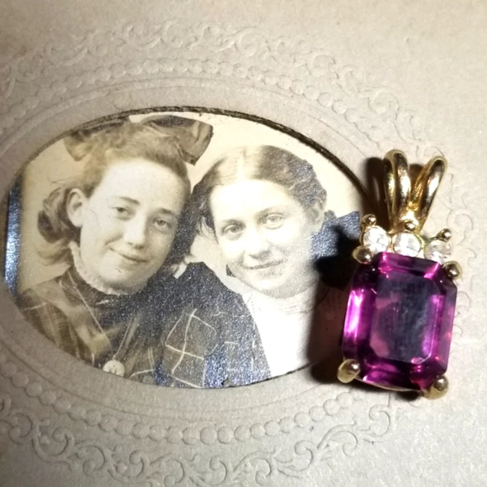 Purple gem pendant gold tone tiny dainty rectangular vintage